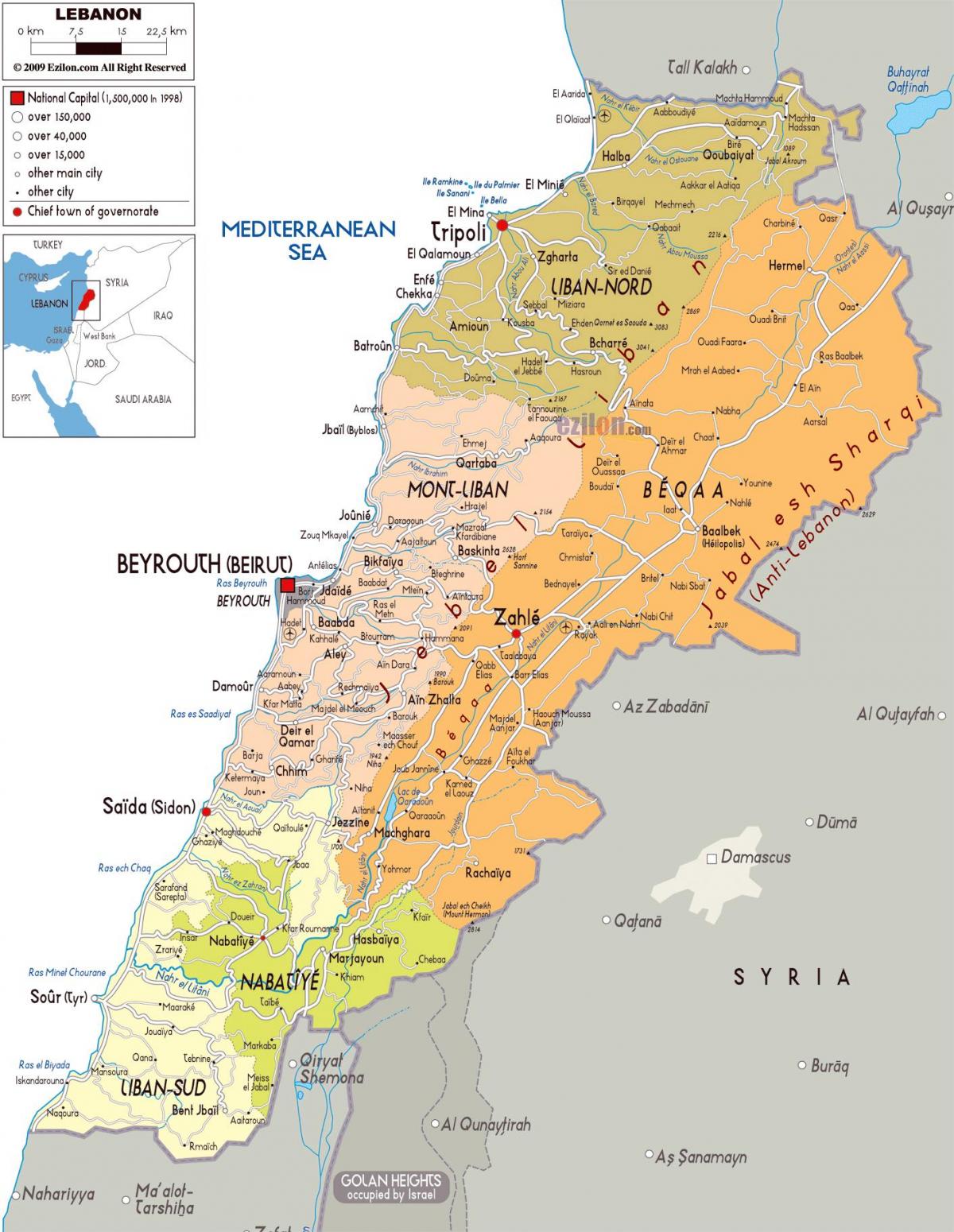 레바논 지도 대한 자세한